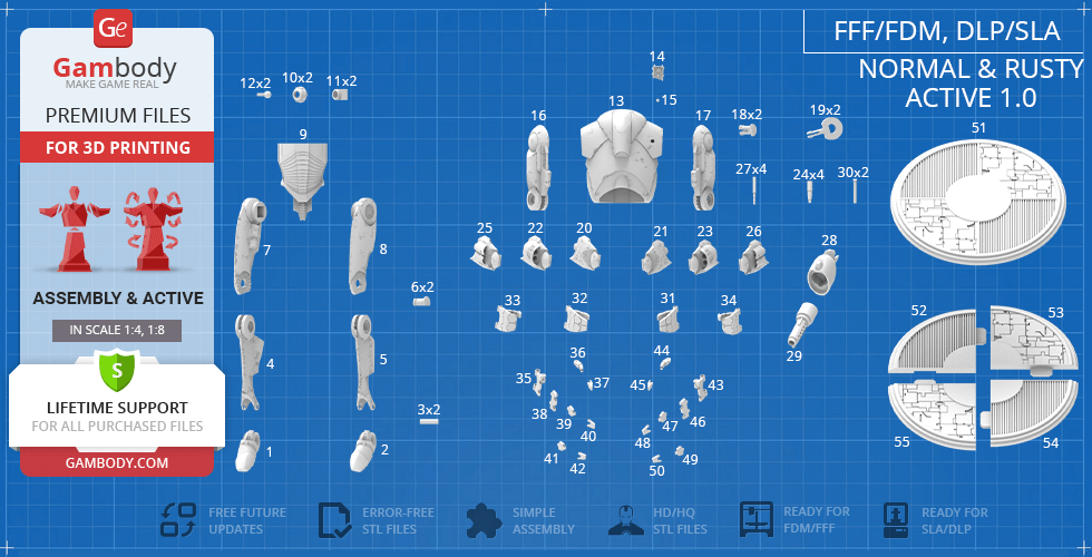 Blueprint with 3D printable parts for assembling a Super Battle Droid model, featuring various labeled pieces.