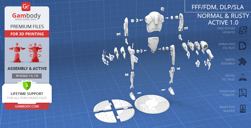 Exploded view of a Super Battle Droid 3D model for printing, showing various detachable parts.