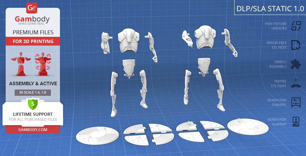 A 3D printable Super Battle Droid model kit, showing separated STL file parts for assembly.