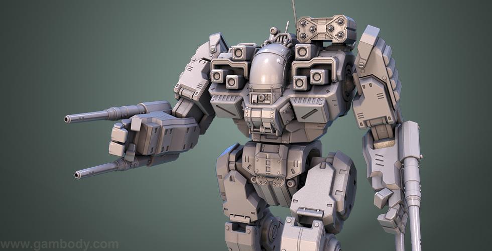 Futuristic mech robot with armored plating and dual cannons on each arm, ready for 3D printing.