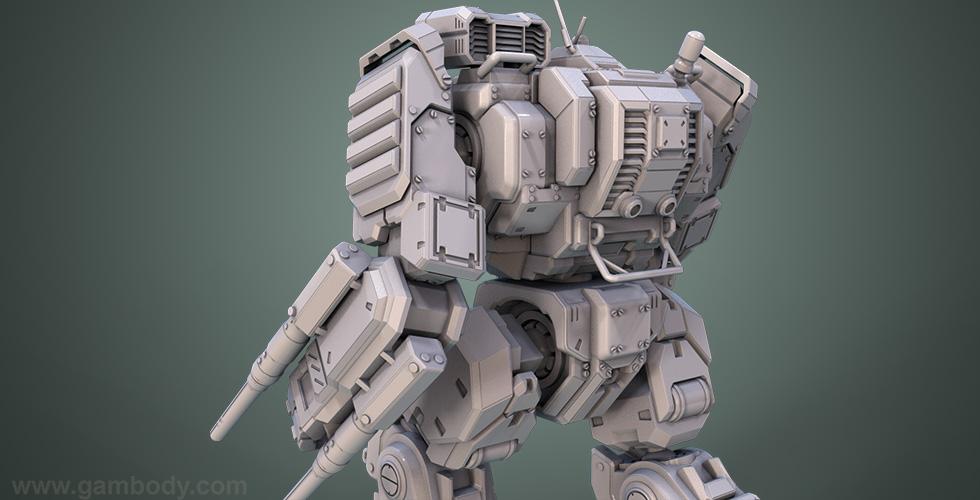 A detailed 3D model of a mech robot's upper body, showing armor plating and machinery.