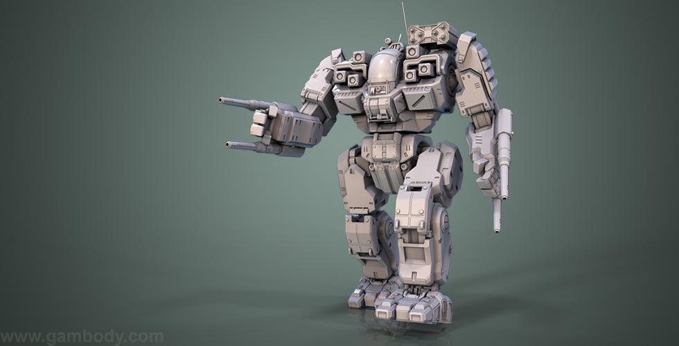 A detailed 3D model of a futuristic, armored mech robot standing against a muted green background.