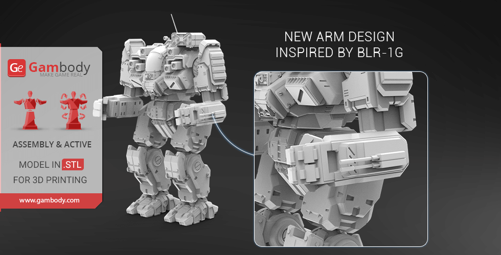 A 3D model of a BattleMech with detailed armor and a new arm design inspired by BLR-1G.