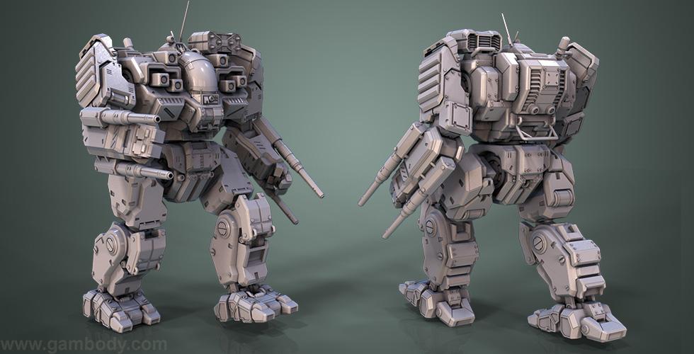 A detailed 3D model of a BattleMech with armor and weapons, front and back view, on a green background.