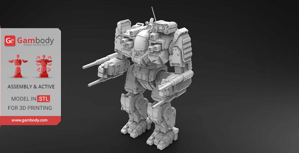 A detailed 3D model of a futuristic BattleMech, designed for 3D printing.