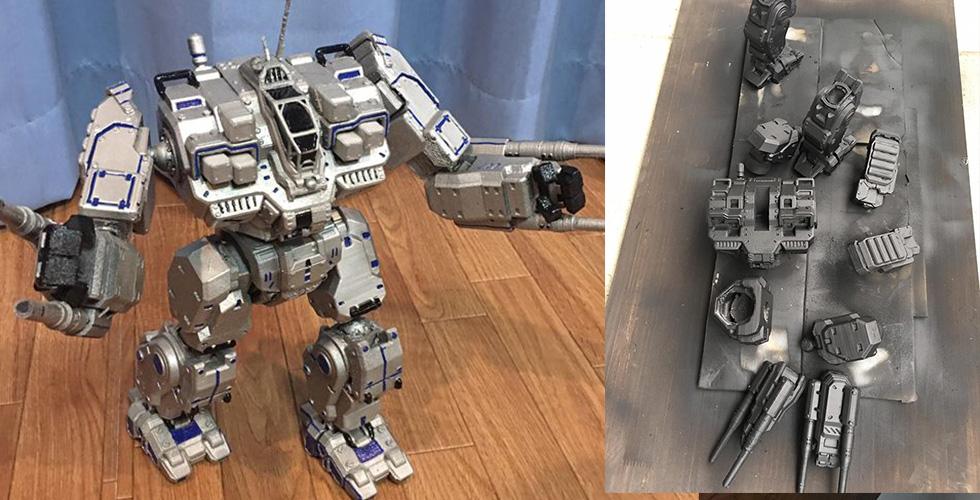 3D printed MWO BattleMaster model; assembled robot on left, unassembled pieces on right.