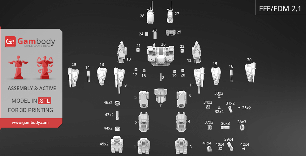 Exploded view of MWO BattleMaster 3D model parts for assembly and printing.