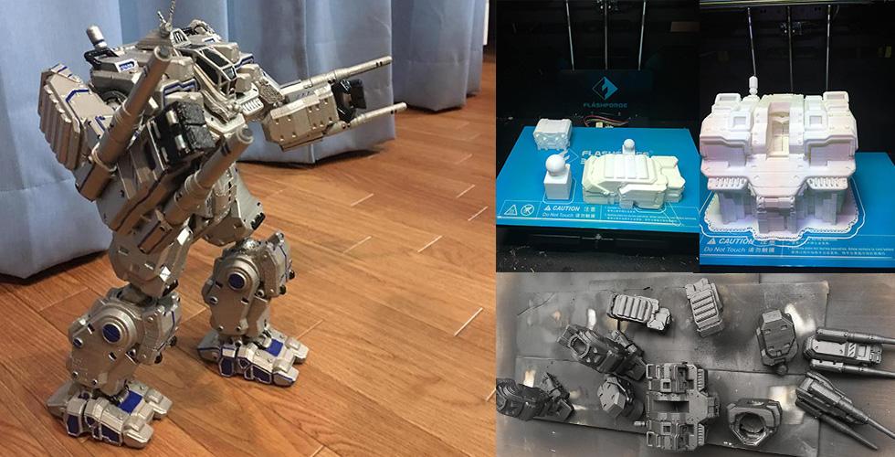 3D printed BattleMaster mech model, assembly parts, and printing process on blue platform.