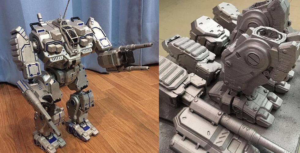 A detailed 3D-printed BattleMech with articulated limbs, weaponry, and intricate mechanical features.