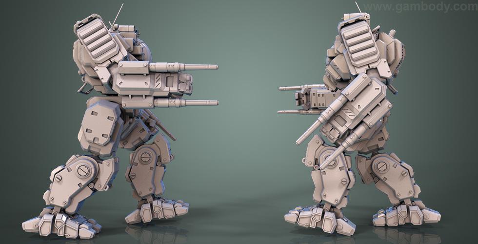 A detailed 3D model of a BattleMech robot, armed and poised, viewed from side angles against a green backdrop.