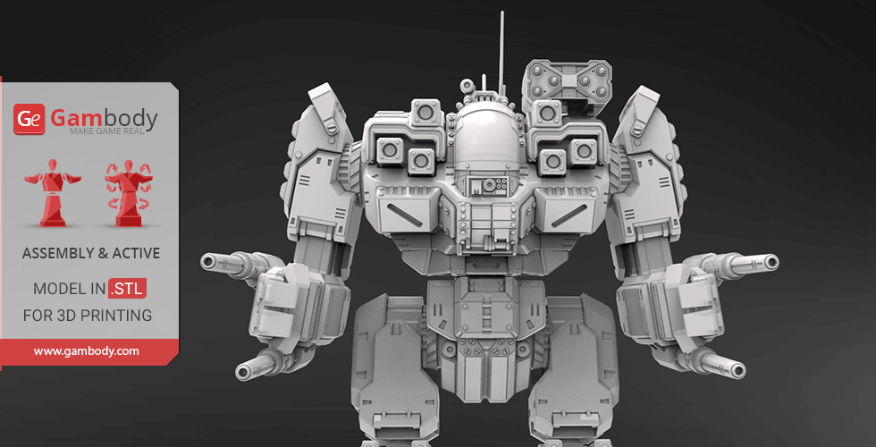 A detailed 3D model of a BattleMech with weapons, ready for 3D printing from Gambody.