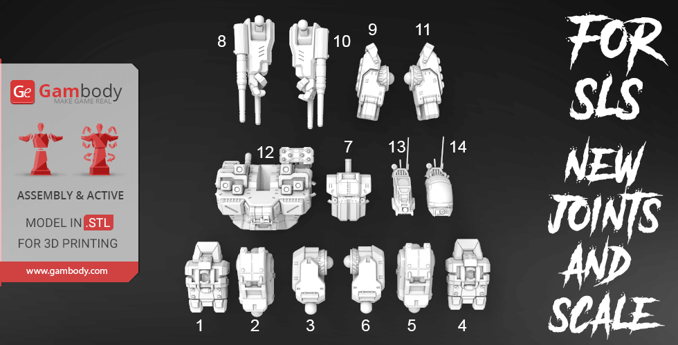 Numbered Battlemaster mech parts for 3D printing and assembly from Gambody.