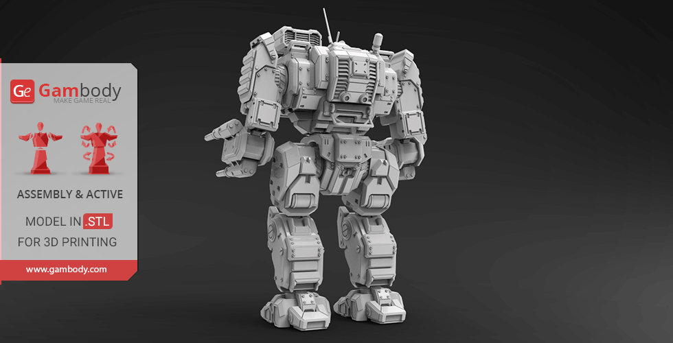 Futuristic mech robot model for 3D printing, showcasing detailed armor and mechanical features.