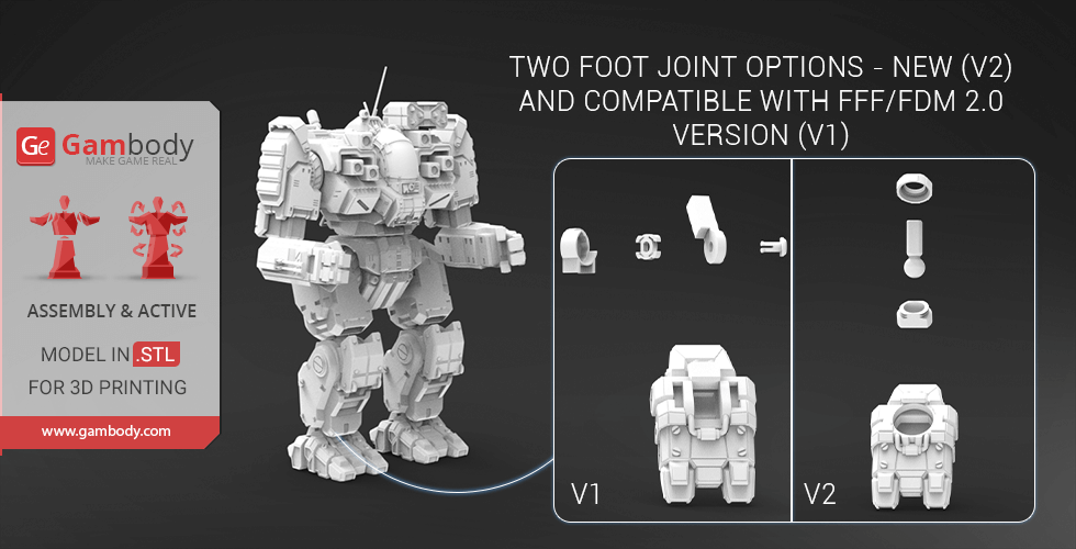 A detailed 3D model of the MWO BattleMaster with two foot joint options for printing.