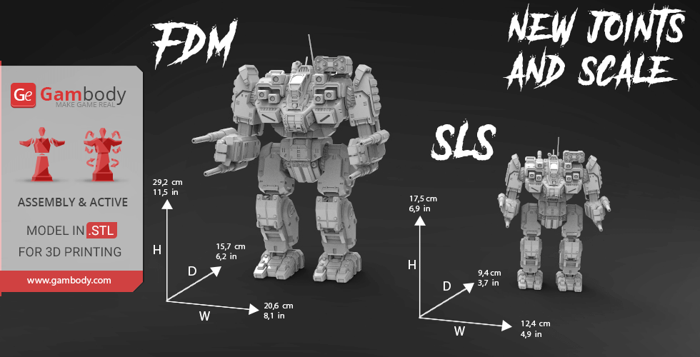 3D models of a BattleMaster mech for FDM and SLS printing with dimensions and new joints and scale features.