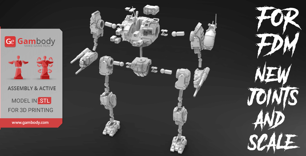 3D model of a BattleMech, disassembled for FDM printing with new joints and scale options.