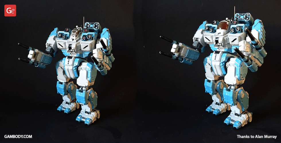 A blue and white armored mech robot model with dual cannons on a dark background.