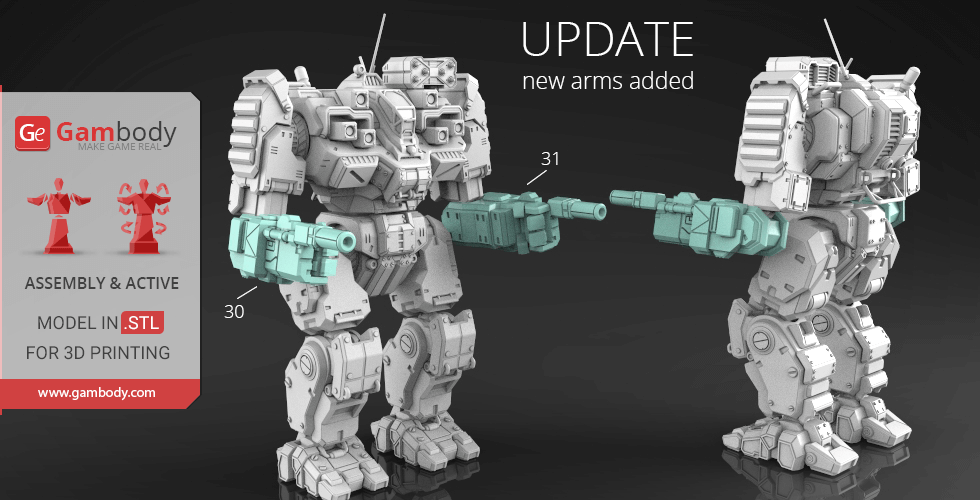 3D model of the BattleMaster, a mech with updated arms, designed for 3D printing.