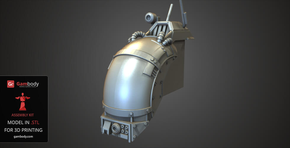 Futuristic armored capsule with antennas and mechanical details for 3D printing, part of a mech model.