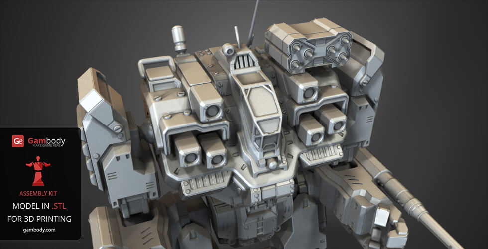 A detailed 3D model of a mech robot with armor and weaponry, designed for 3D printing.