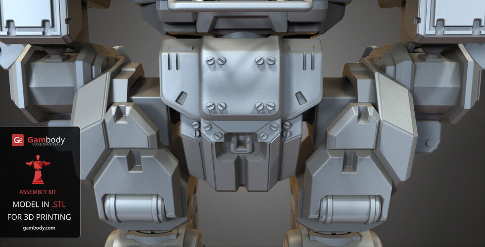A detailed 3D model of a mechanical robot torso with intricate plating and joints, ready for 3D printing.