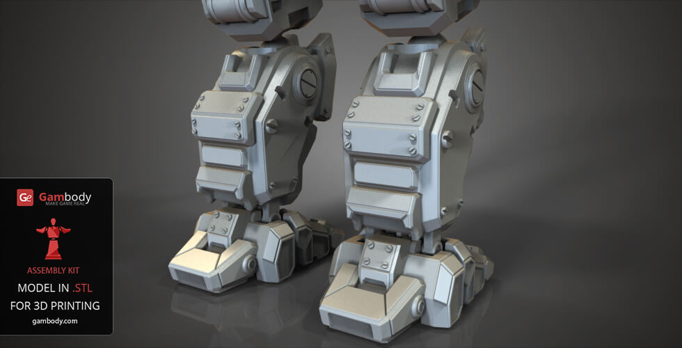 Detailed 3D model of BattleMech legs designed for 3D printing, showcasing mechanical joints.