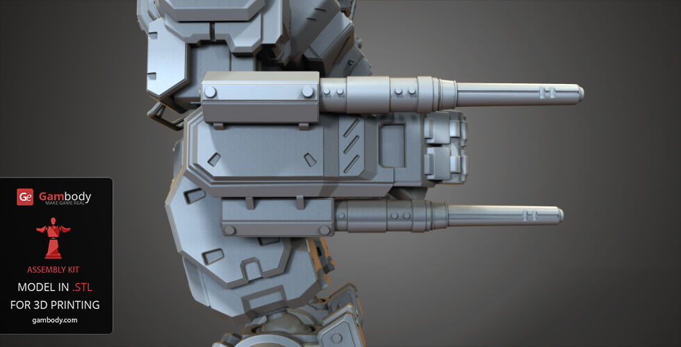A detailed side view of a robotic mech arm with dual cannons, designed for 3D printing.