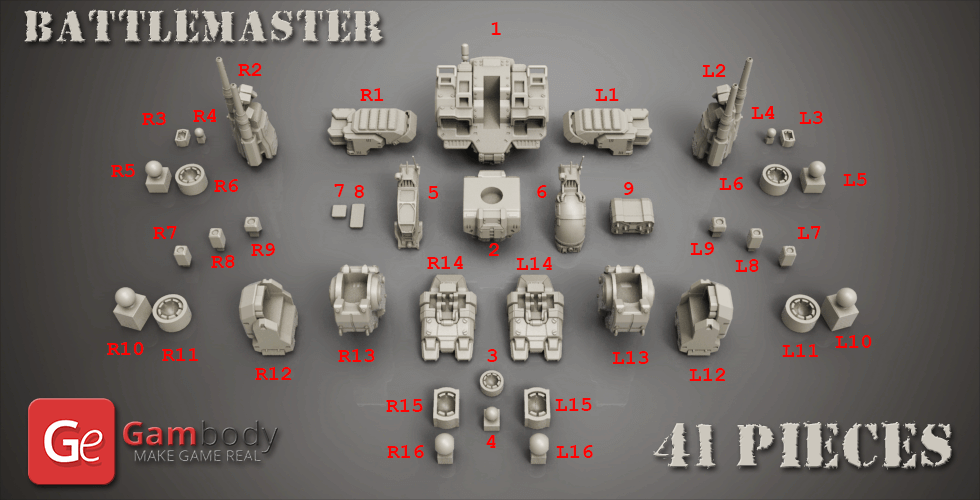 A 41-piece BattleMaster mech 3D model kit from Gambody, presented in numbered sections for assembly.
