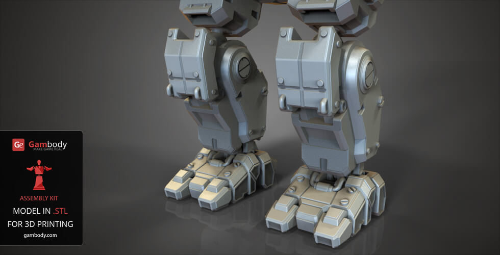 A close-up of a mech's legs with detailed mechanical joints and feet, ready for 3D printing.