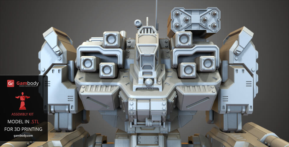 Futuristic robotic exosuit with missile launchers, mechanical details, and armor plating. 3D print model.