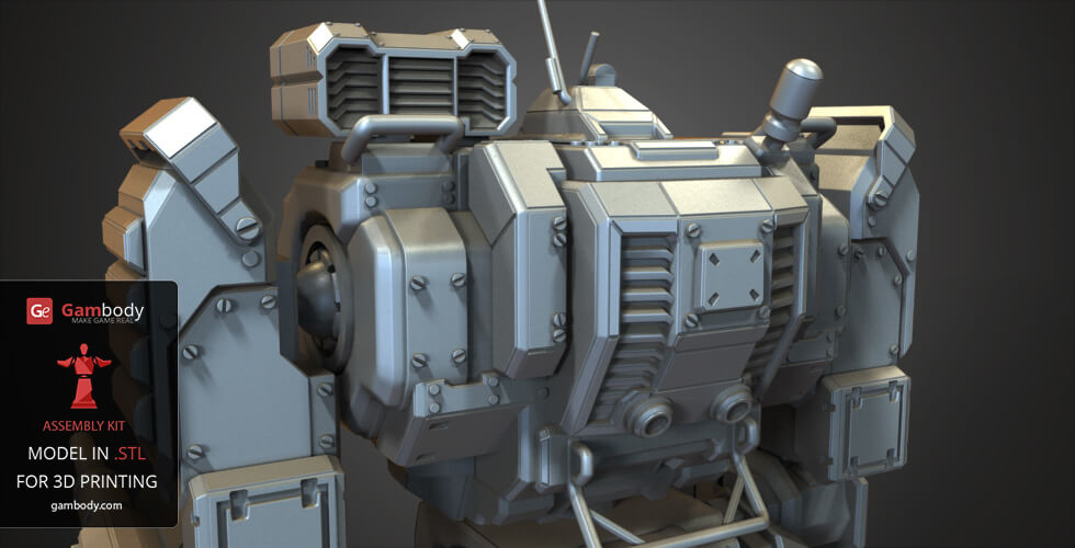 A detailed 3D model of a BattleMech robot's upper body, designed for 3D printing.