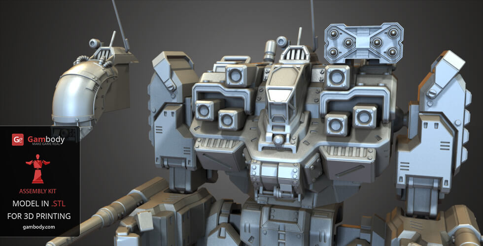 A detailed 3D model of a mech robot torso with mechanical components, designed for 3D printing.