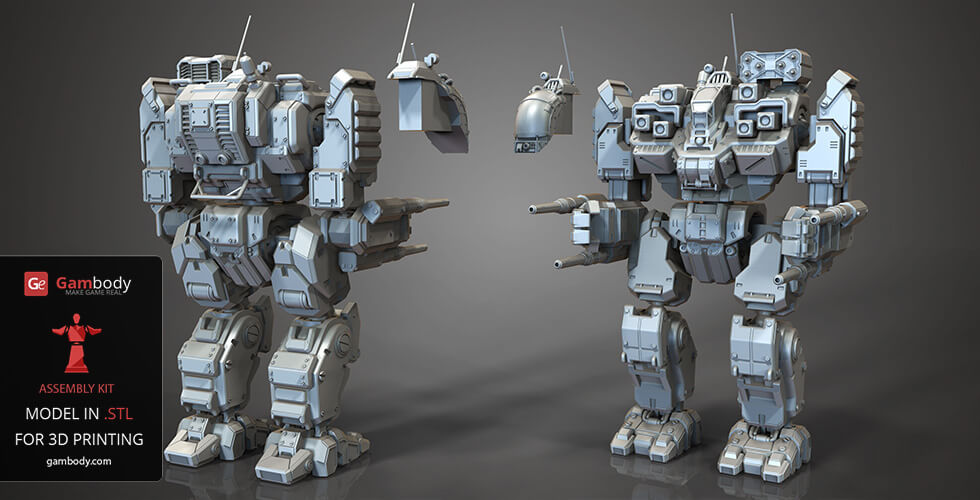 Futuristic, armored mech robot model for 3D printing with detailed components and weapons.