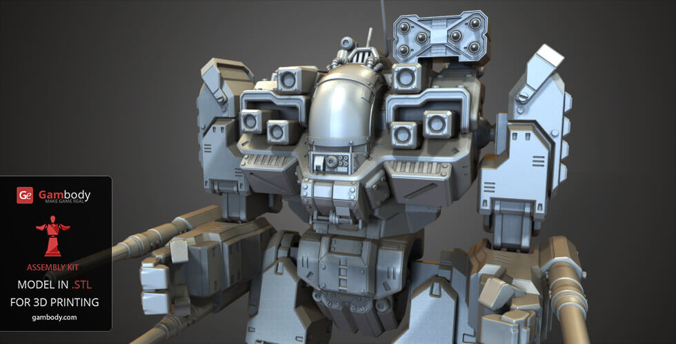 A detailed 3D model of a robotic mech with heavy armor and weapons, designed for 3D printing.