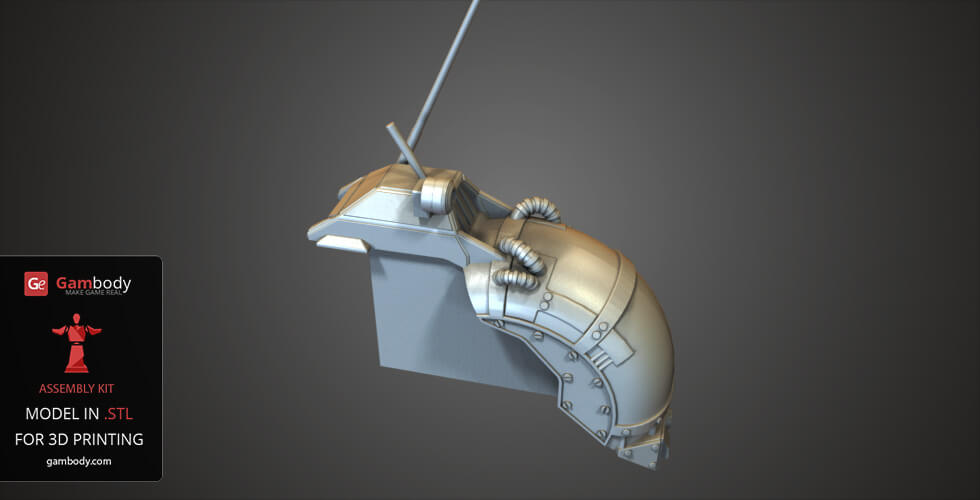A detailed, metallic curved part of the BattleMaster mech model for 3D printing from Gambody.
