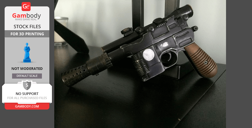 A detailed 3D-printed model of a sci-fi blaster gun with a wood-textured grip.