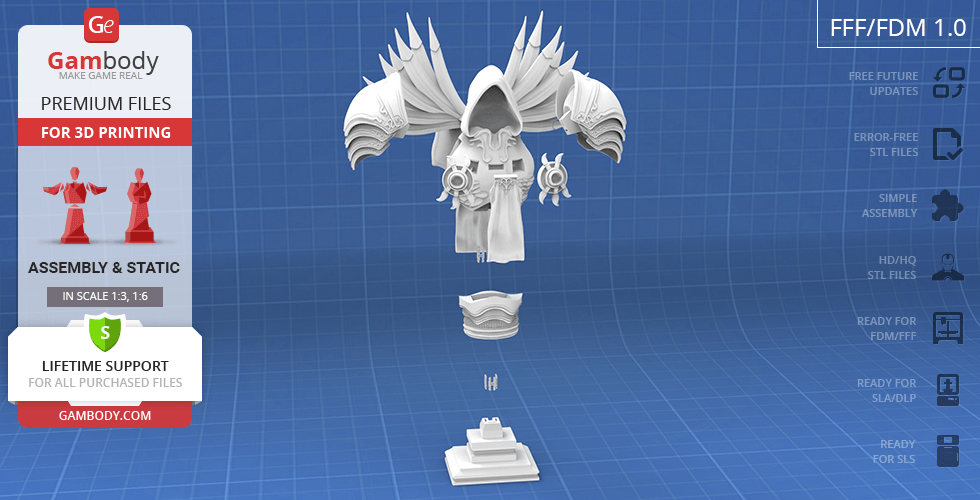 A 3D printable bust of a hooded figure with ornate armor and wings, ready for assembly.