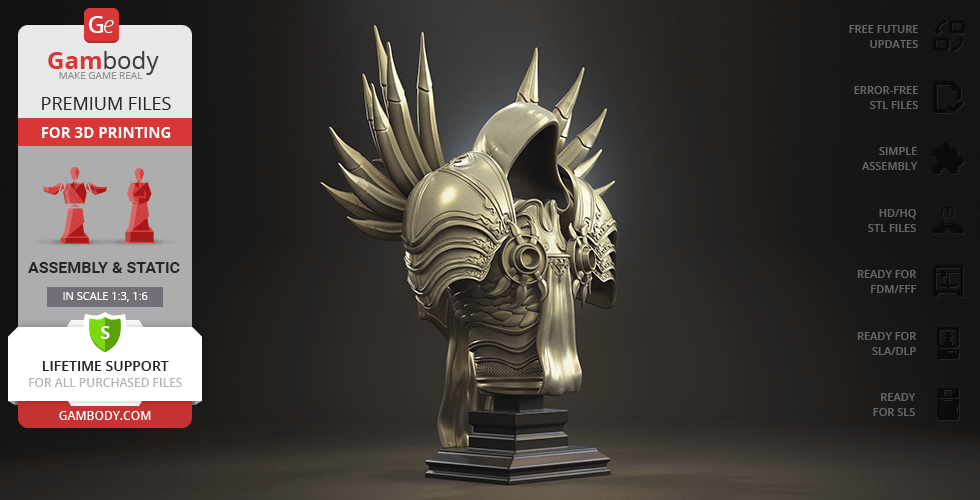 Ornate armored bust of a hooded figure with wing-like adornments on shoulders.