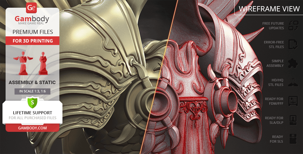 A detailed 3D model of Tyrael's bust, featuring intricate armor designs, ready for 3D printing in various scales.