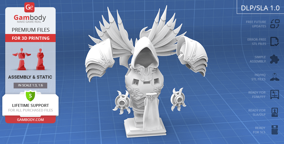 Bust of an armored figure with wings, featuring a hood and ornate shoulder armor, designed for 3D printing.