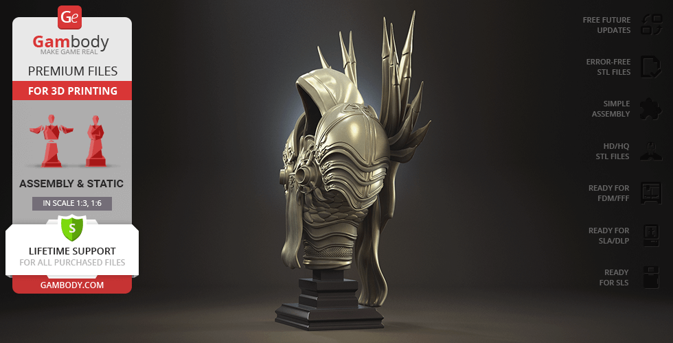A 3D model bust of an armored figure with ornate details and a hood, shown with spiked wings.