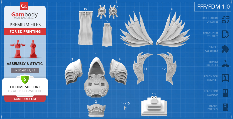 3D printing parts for a Tyrael bust, featuring wings, armor, and a base on a blueprint background.