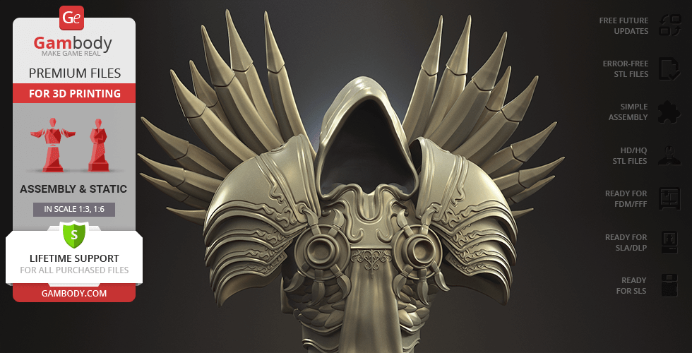 Hooded figure with ornate armor and large, spiked shoulder wings designed for 3D printing.