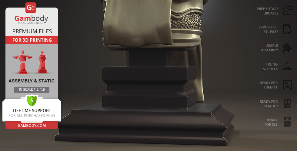 A detailed 3D printed bust of Tyrael on a pedestal, showcasing intricate armor and cloth details.