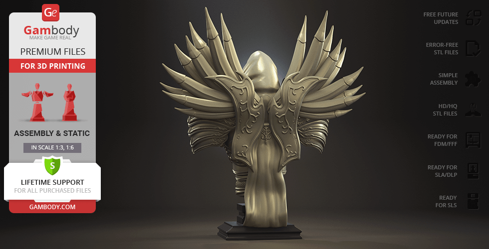 A detailed 3D model bust of Tyrael with ornate wings and hood, available for 3D printing from Gambody.