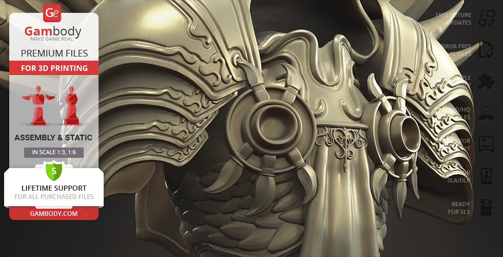 A detailed 3D printed bust of Tyrael featuring intricate armor with decorative patterns.
