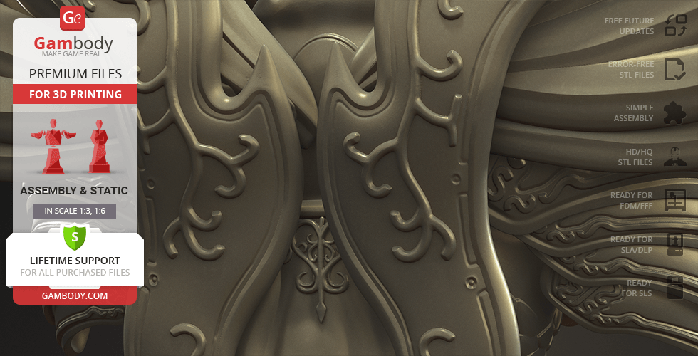 A detailed ornamental 3D model in gold hues, suitable for premium 3D printing, offered by Gambody.