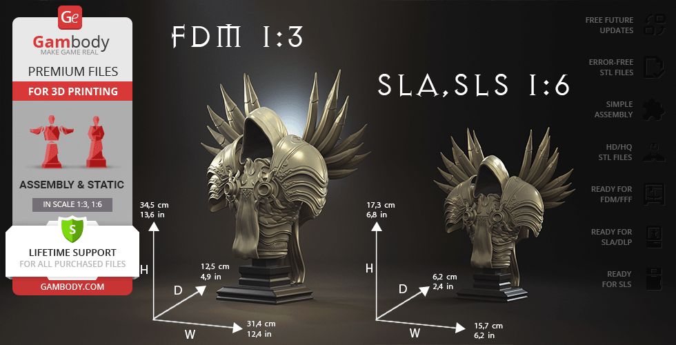 Hooded figure bust with ornate armor and wings, shown in two scale options for 3D printing.
