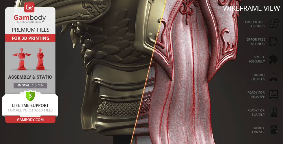 Close-up of a detailed Tyrael bust model for 3D printing, showcasing intricate armor and robe textures.