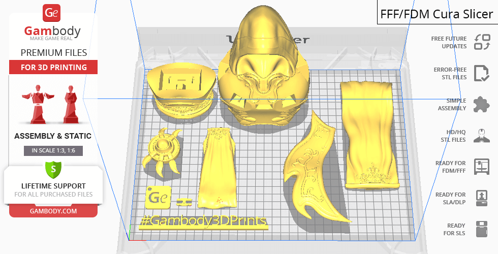 3D print layout of Tyrael bust parts in modeling software, grid background.